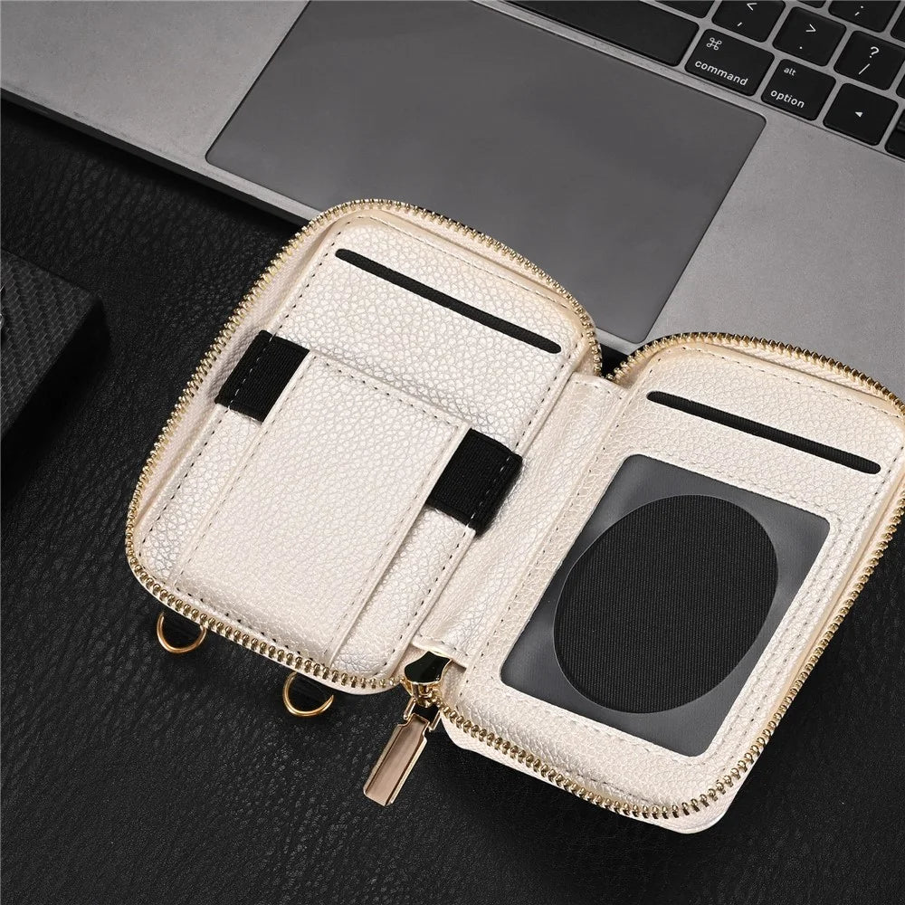 Litchi Texture PU Leather Zipper Cash Card Holder Purse Storage Bag with Mirror - White - 7