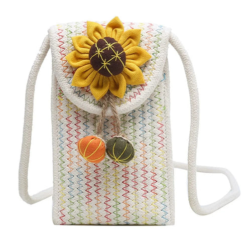 Women Small Straw Bag Holiday Beach Mobile Phone Storage Shoulder Bag - Sunflower 1 / Multi-color - 1