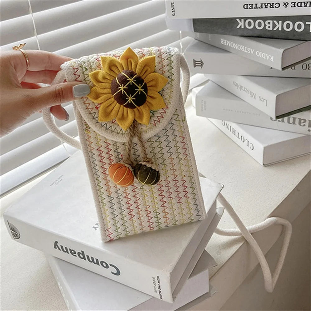 Women Small Straw Bag Holiday Beach Mobile Phone Storage Shoulder Bag - Sunflower 1 / Multi-color - 2