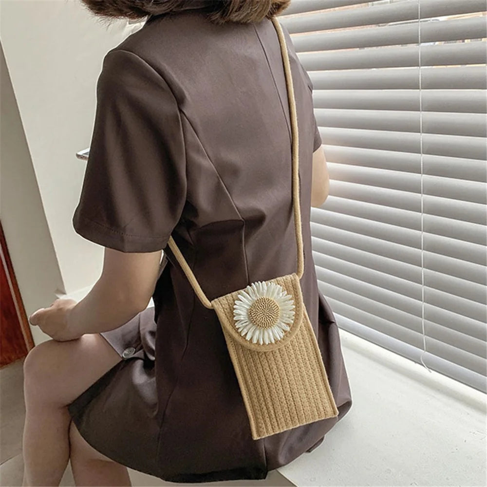 Women Small Straw Bag Holiday Beach Mobile Phone Storage Shoulder Bag - Sunflower 1 / Multi-color - 3