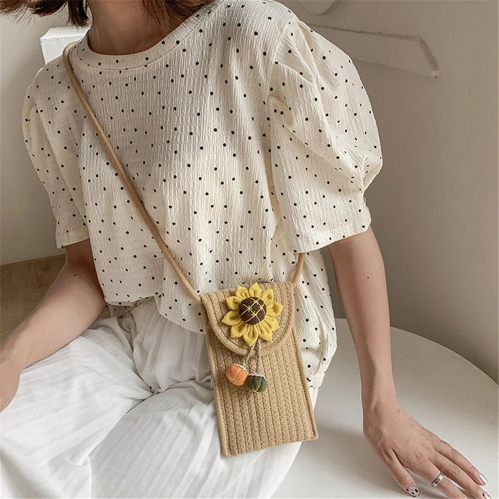 Women Small Straw Bag Holiday Beach Mobile Phone Storage Shoulder Bag - Sunflower 1 / Multi-color - 6