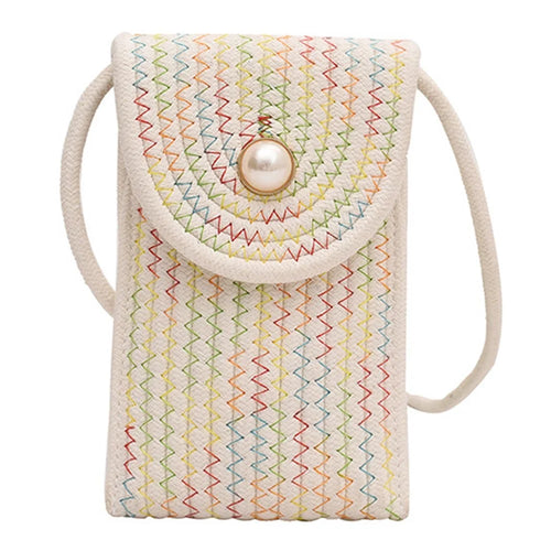 Faux Pearl Decor Mobile Phone Storage Shoulder Bag Women Small Straw Bag for Beach - Multi-color - 1