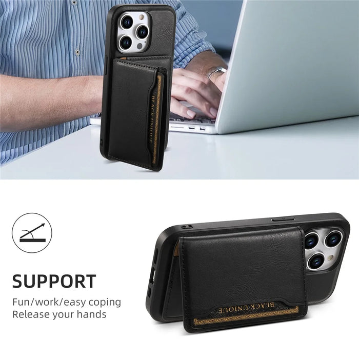 DENIOR Magnetic Card Case PU Leather Phone Card Holder Kickstand - Black - 5