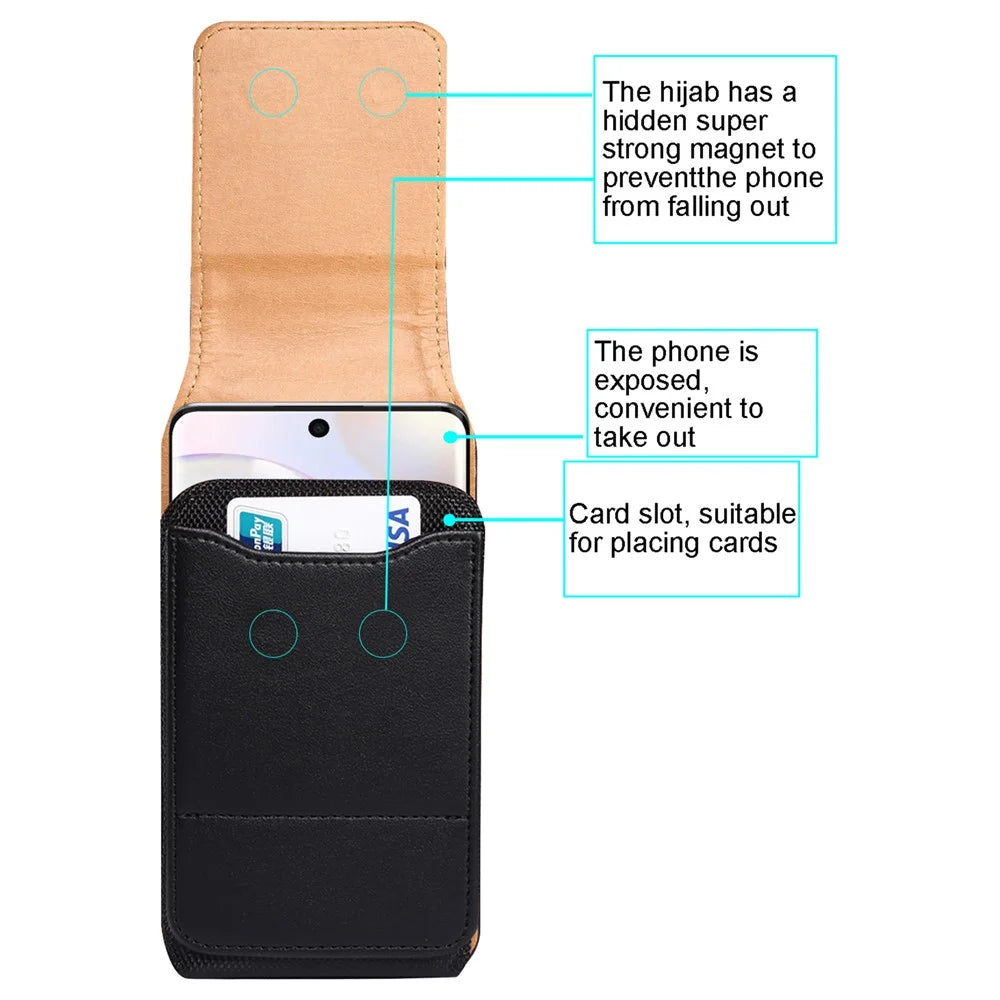6.7-6.9 inch Phone Case Holster with Belt Clip PU Leather Phone Waist Bag (Vertical Type) for iPhone 17 Pro Max / 16 Pro Max / Samsung Galaxy S26 Ultra / S25 Ultra - Black - 5