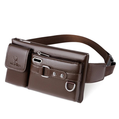 WEIXIER Men Litchi Skin Crossbody Chest Bag PU Leather Waist Fanny Pack with Headphone Hole - Brown - 1