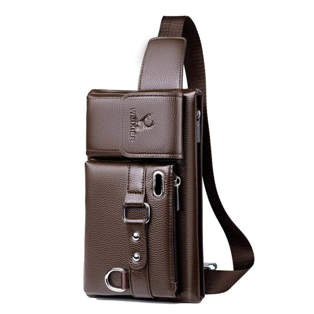 WEIXIER Men Litchi Skin Crossbody Chest Bag PU Leather Waist Fanny Pack with Headphone Hole - Brown - 2