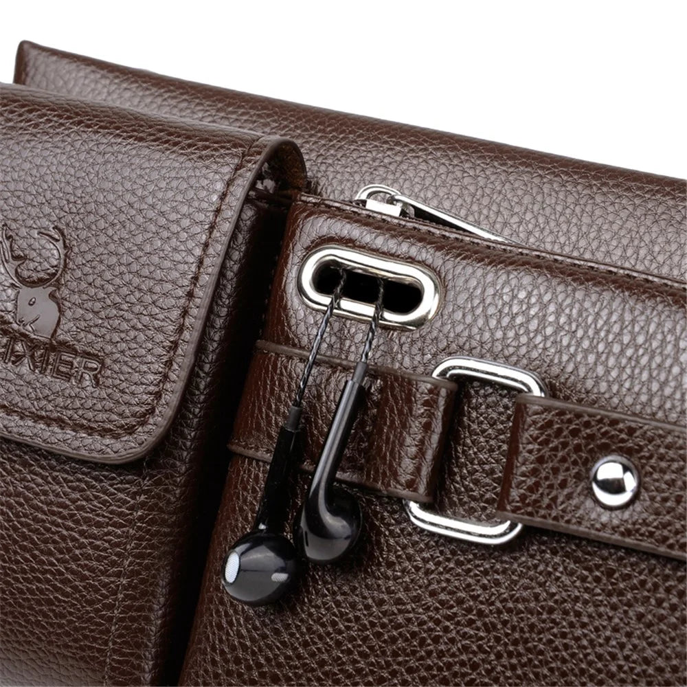 WEIXIER Men Litchi Skin Crossbody Chest Bag PU Leather Waist Fanny Pack with Headphone Hole - Brown - 3