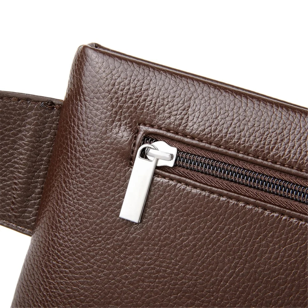 WEIXIER Men Litchi Skin Crossbody Chest Bag PU Leather Waist Fanny Pack with Headphone Hole - Brown - 5