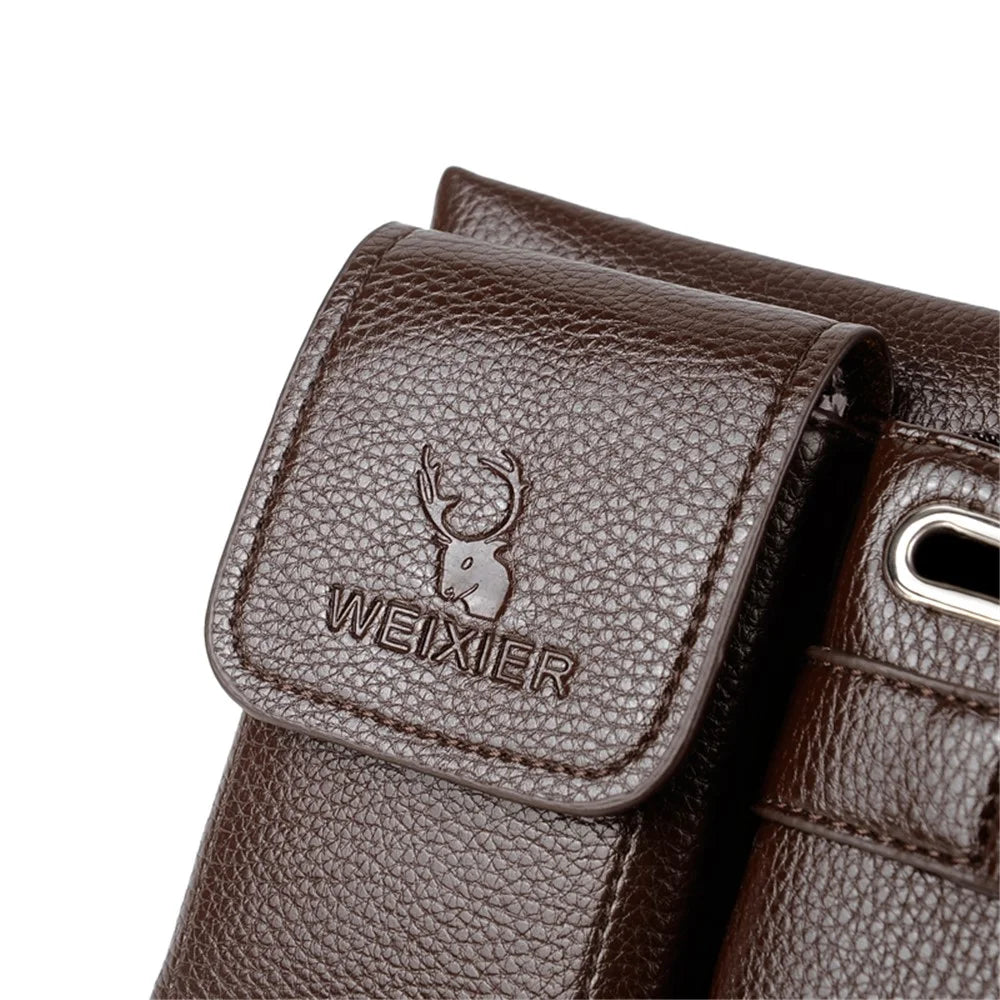 WEIXIER Men Litchi Skin Crossbody Chest Bag PU Leather Waist Fanny Pack with Headphone Hole - Brown - 6