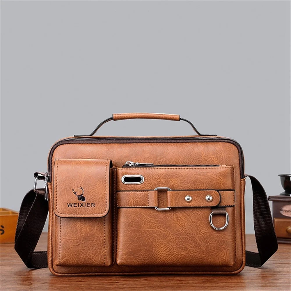 WEIXIER  D234 PU Leather Men's Messenger Bag Shoulder Bag Satchel Briefcase with Earphone Hole - Light Brown - 4