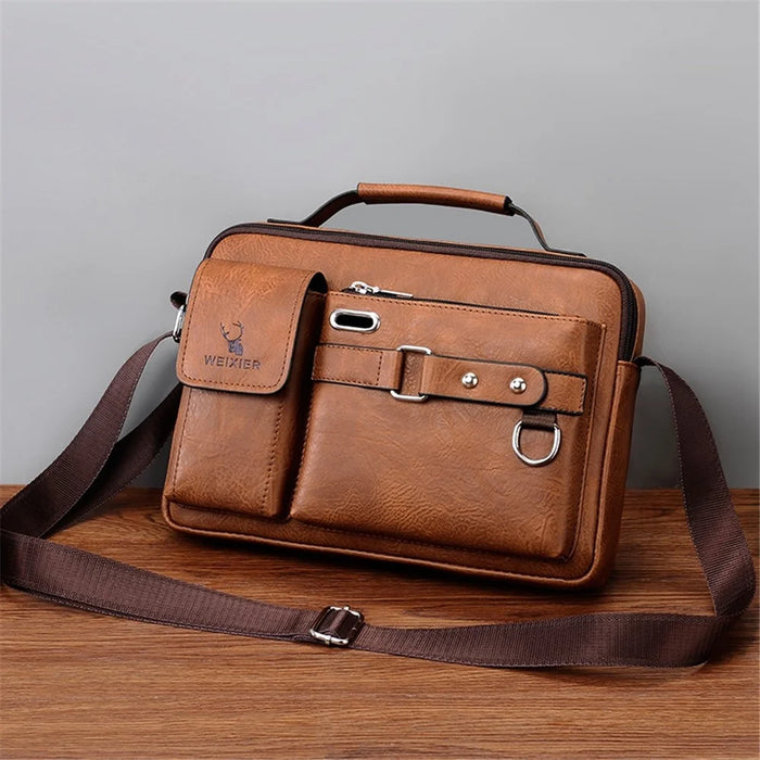 WEIXIER  D234 PU Leather Men's Messenger Bag Shoulder Bag Satchel Briefcase with Earphone Hole - Light Brown - 6