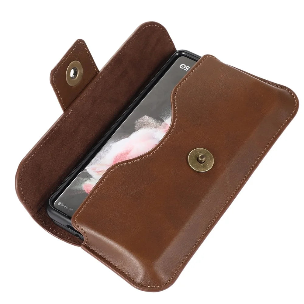 For Samsung Galaxy Z Fold3 5G Crazy Horse Texture PU Leather Waist Phone Case Horizontal Belt Loop Phone Bag - Dark Brown - 1
