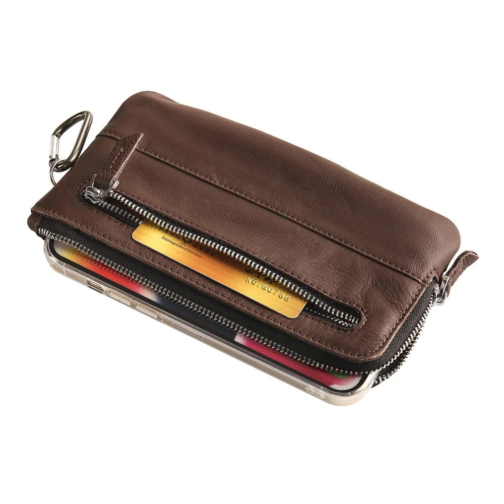 Wrist Bag for Samsung Galaxy Z Fold3 5G, Full Grain Cow Leather Clutch Purse Wallet Waist Bag Business Handbag - Dark Brown - 5