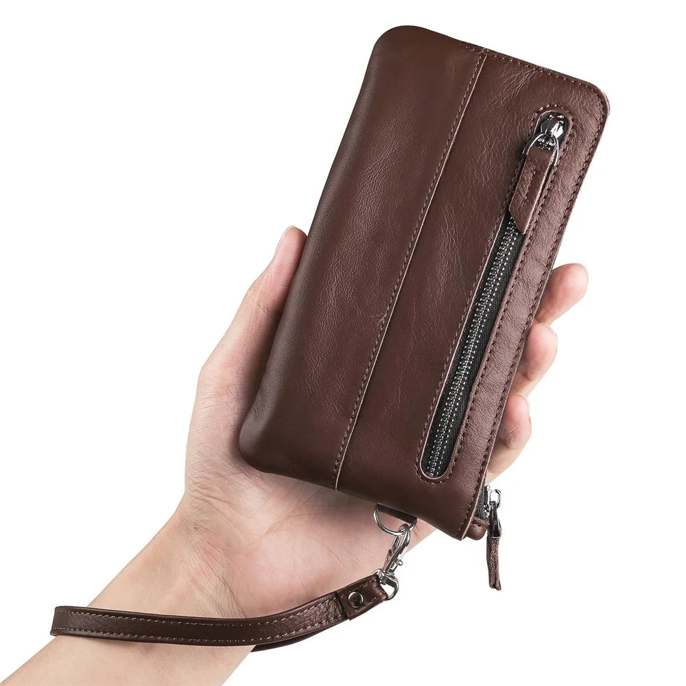 Wrist Bag for Samsung Galaxy Z Fold3 5G, Full Grain Cow Leather Clutch Purse Wallet Waist Bag Business Handbag - Dark Brown - 7