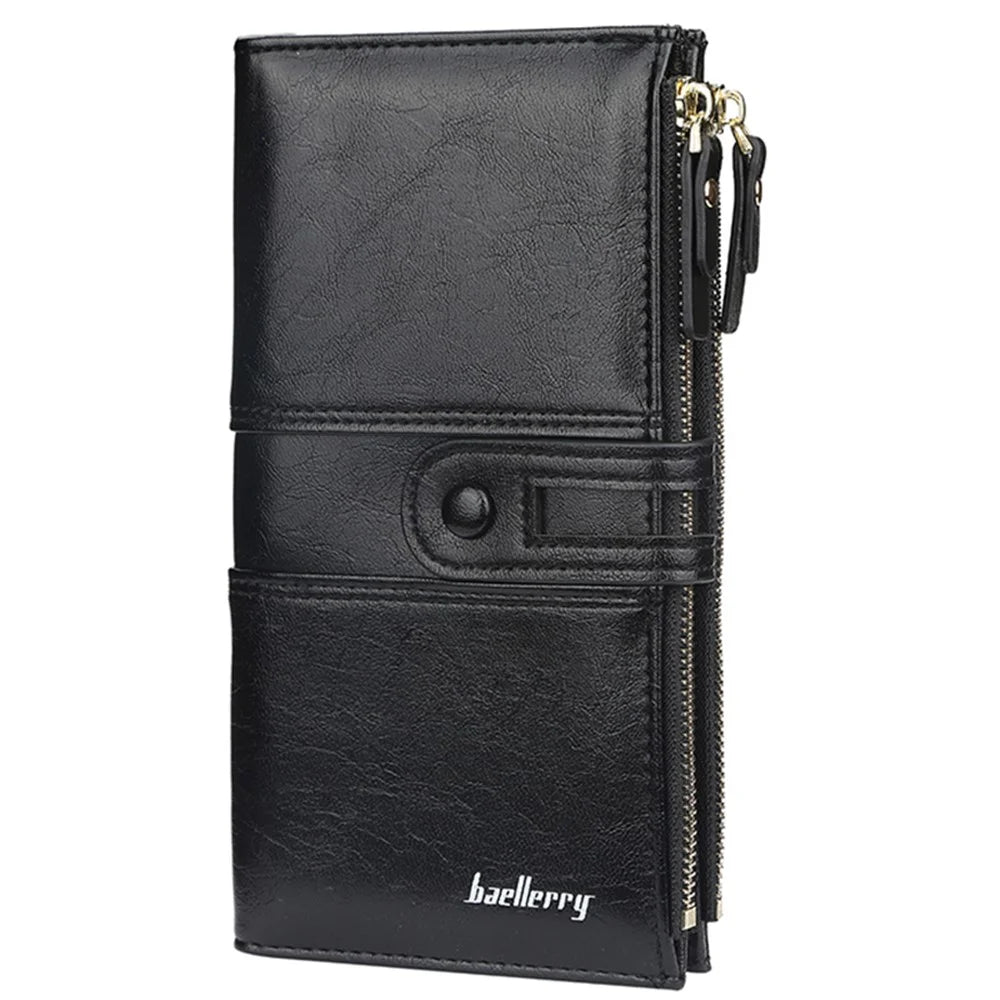 BAELLERRY N1825 PU Leather Long Clutch Bag Wallet Snap Button Zipper Purse Cards Cash Phone Storage Bag - Black - 1
