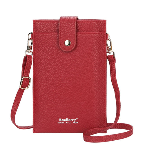 BAELLERRY N8609 PU Leather Snap Button Zipper Pocket Design Phone Pouch Stylish Women Cards Cash Holder Crossbody Bag - Red - 1