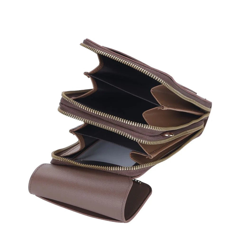 BAELLERRY N2371 PU Leather Snap Button Dual Layer Zipper Pocket Phone Touch Screen Pouch Women Crossbody Bag - Coffee - 3