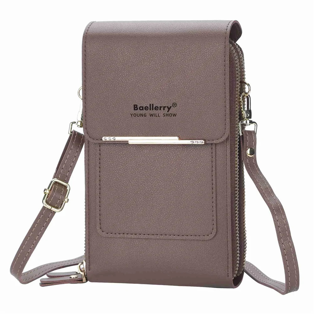 BAELLERRY N2371 PU Leather Snap Button Dual Layer Zipper Pocket Phone Touch Screen Pouch Women Crossbody Bag - Coffee - 5