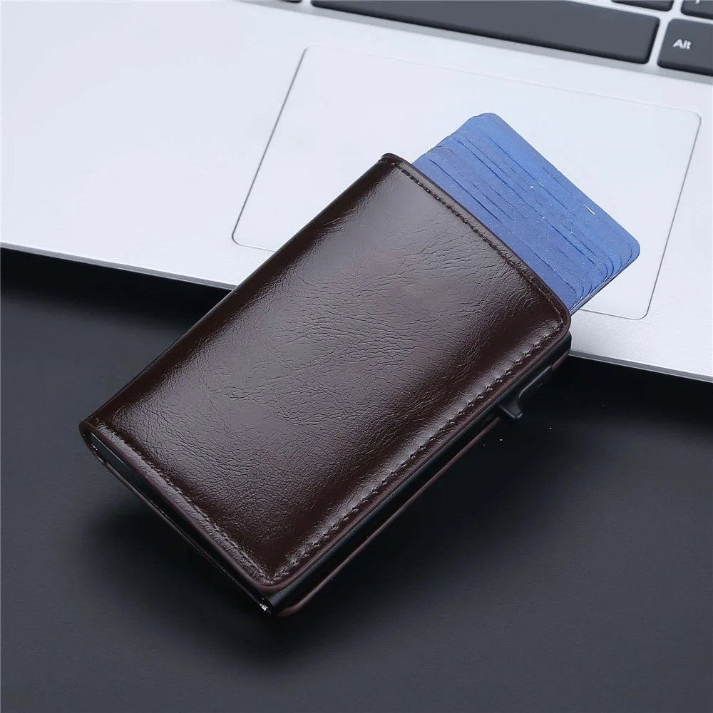 BAELLERRY K9178 Side Push Button Design RFID Blocking Card Holder PU Leather + Aluminum Alloy Men Credit Card Storage Bag - Coffee - 4