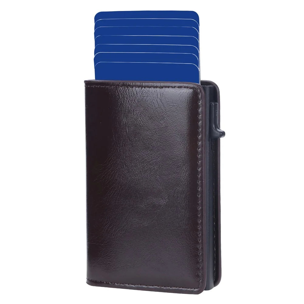 BAELLERRY K9178 Side Push Button Design RFID Blocking Card Holder PU Leather + Aluminum Alloy Men Credit Card Storage Bag - Coffee - 5