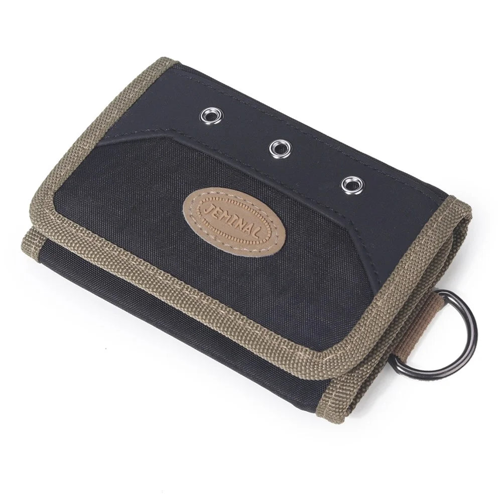 JEMINAL 21511# Men Trifold Wallet Magic Tape Closure Canvas Coin Purse Card Holder with Belt Ring - Black - 1