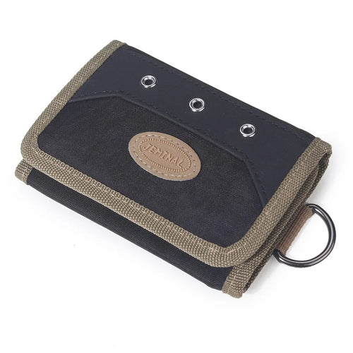 JEMINAL 21511# Men Trifold Wallet Magic Tape Closure Canvas Coin Purse Card Holder with Belt Ring - Black - 1
