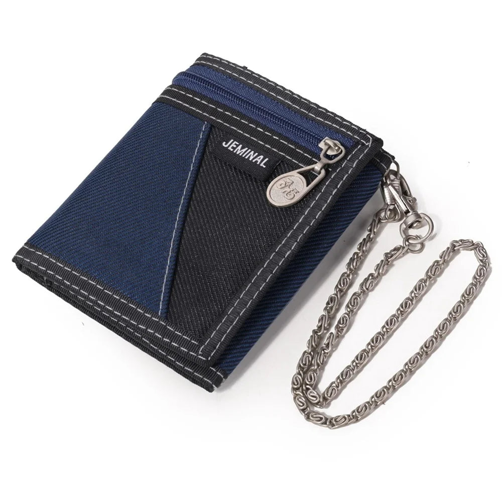 JEMINAL 1005 Vintage Men Tri-fold Wallet Casual Canvas Purse Cards Money Holder with Strap - Dark Blue - 1