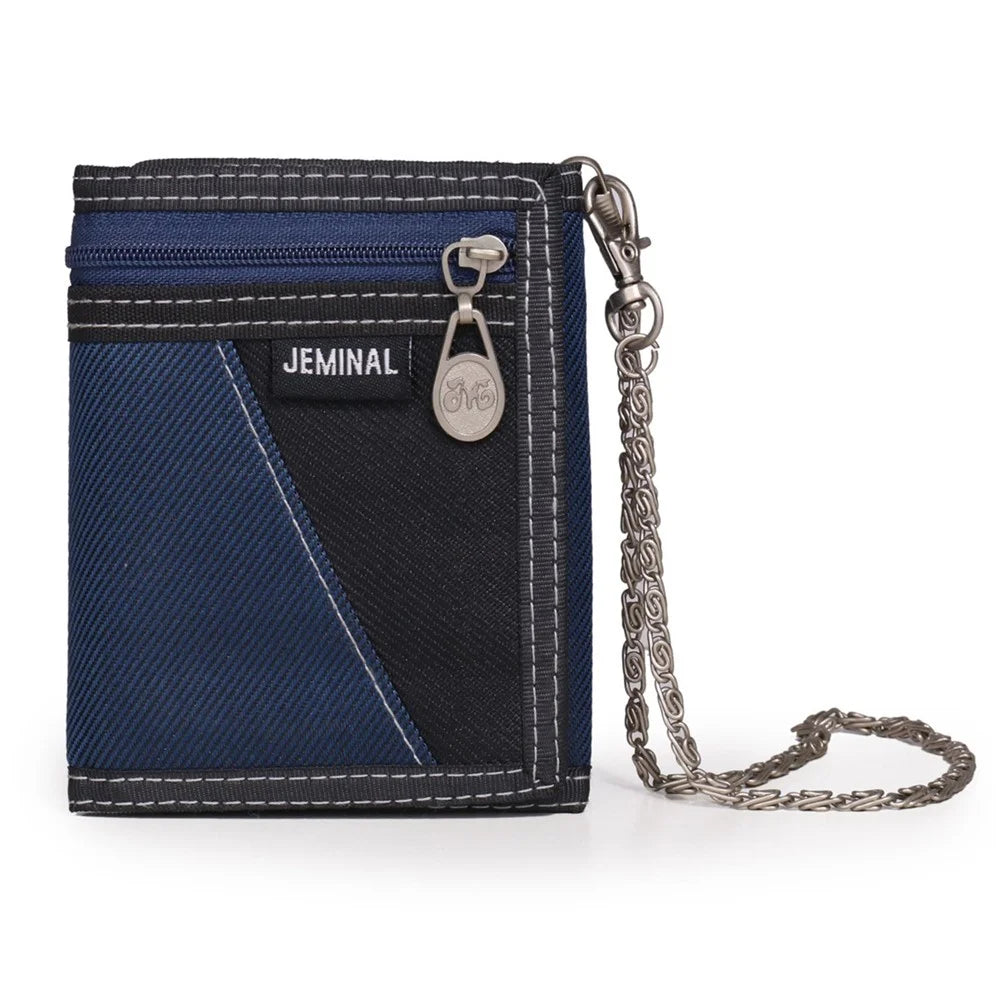JEMINAL 1005 Vintage Men Tri-fold Wallet Casual Canvas Purse Cards Money Holder with Strap - Dark Blue - 2