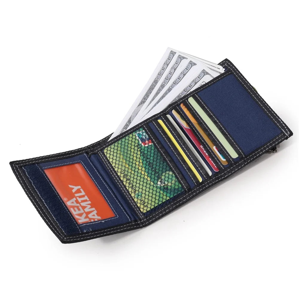 JEMINAL 1005 Vintage Men Tri-fold Wallet Casual Canvas Purse Cards Money Holder with Strap - Dark Blue - 4