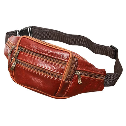 Large Cowhide Leather Waist Pack Zipper Pocket Design Fanny Belt Bag for Daily Use Travel Hiking - Light Brown - 1
