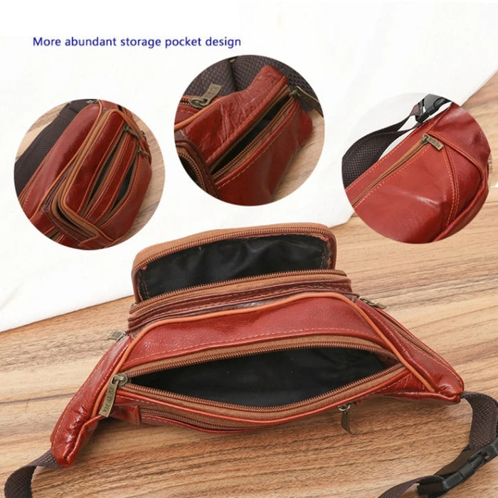 Large Cowhide Leather Waist Pack Zipper Pocket Design Fanny Belt Bag for Daily Use Travel Hiking - Light Brown - 2