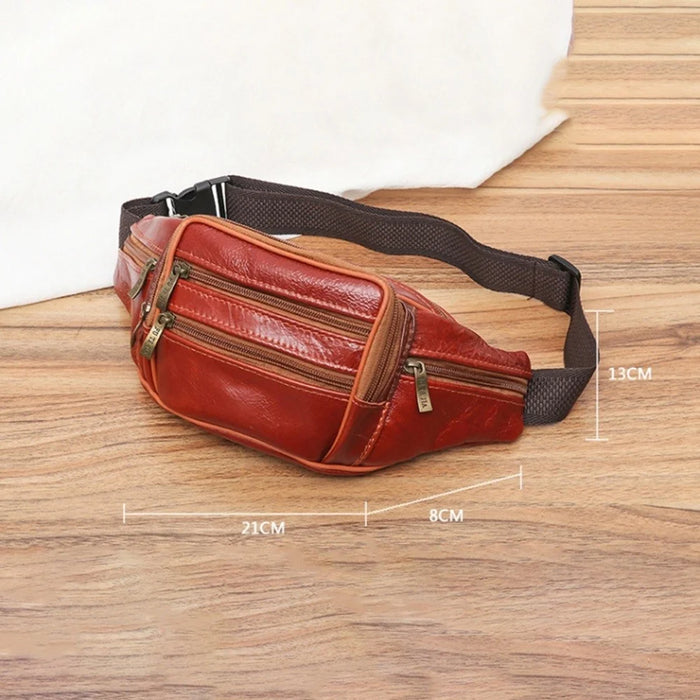 Large Cowhide Leather Waist Pack Zipper Pocket Design Fanny Belt Bag for Daily Use Travel Hiking - Light Brown - 4