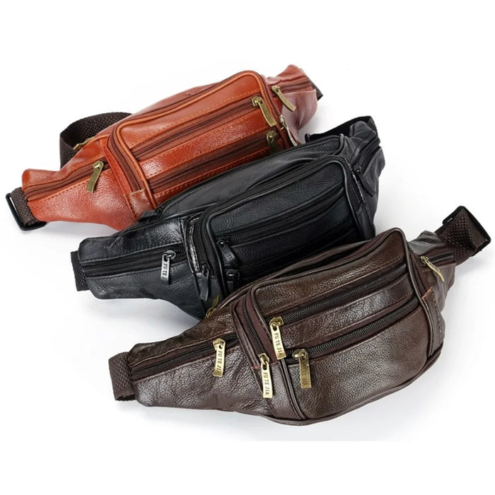 Large Cowhide Leather Waist Pack Zipper Pocket Design Fanny Belt Bag for Daily Use Travel Hiking - Light Brown - 5