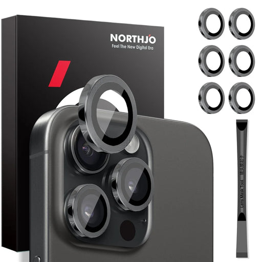 NORTHJO 2 Sets for iPhone 14 Pro / 14 Pro Max / 15 Pro / 15 Pro Max Tempered Glass Lens Protector CD Veins Metal Ring Lens Guard - Black - 1