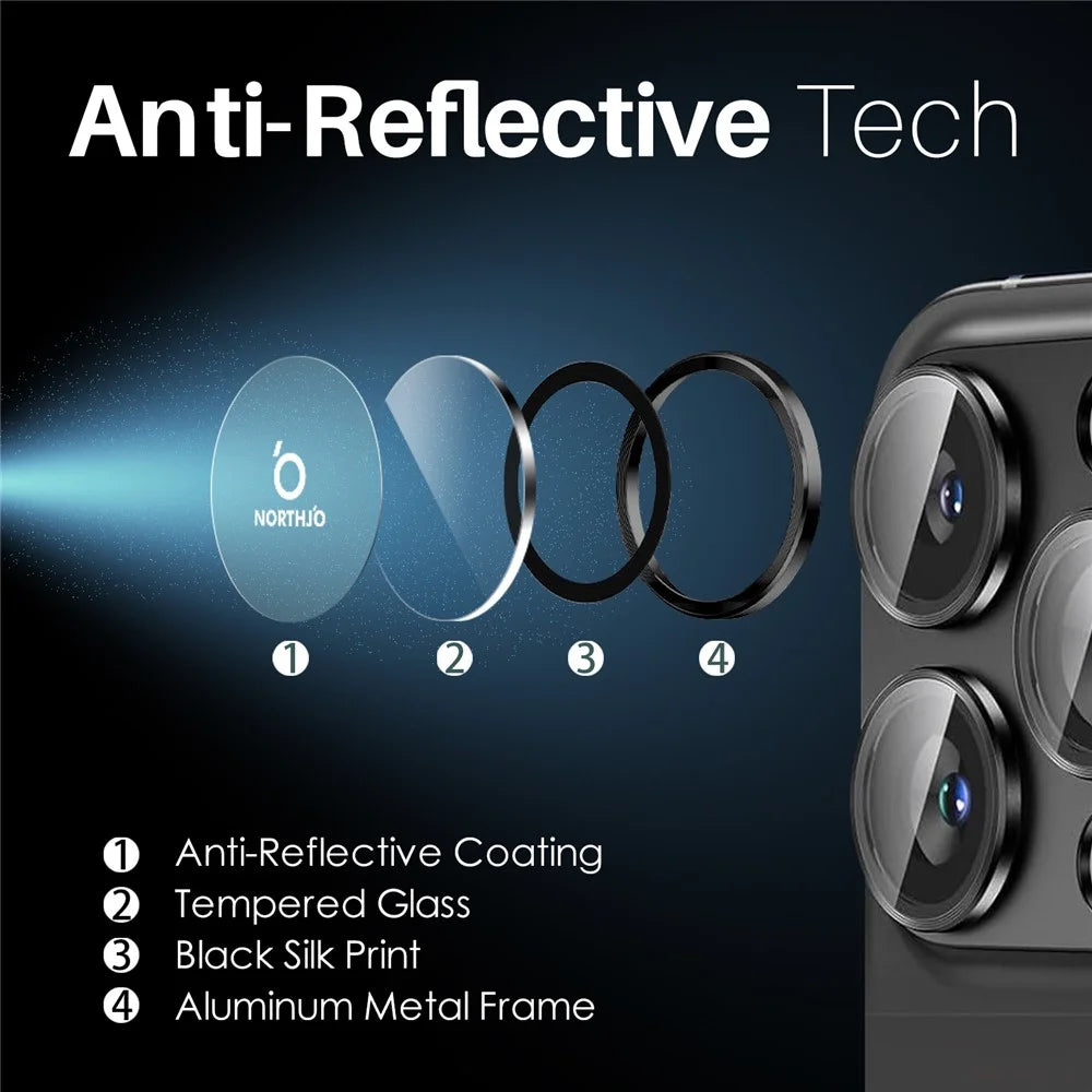NORTHJO 2 Sets for iPhone 14 Pro / 14 Pro Max / 15 Pro / 15 Pro Max Tempered Glass Lens Protector CD Veins Metal Ring Lens Guard - Black - 4