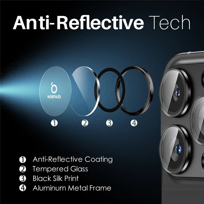 NORTHJO 2 Sets for iPhone 14 Pro / 14 Pro Max / 15 Pro / 15 Pro Max Tempered Glass Lens Protector CD Veins Metal Ring Lens Guard - Black - 4