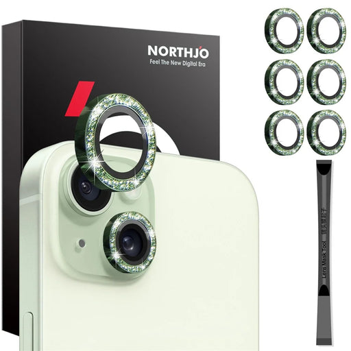 NORTHJO 3 Sets for iPhone 15 / 15 Plus / 14 / 14 Plus Lens Protector Glitter Metal Ring Tempered Glass Lens Film - Green - 1