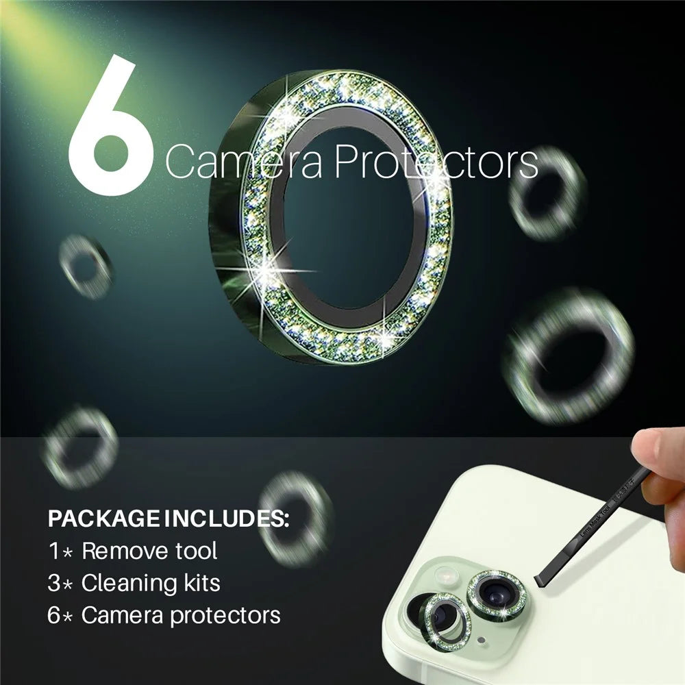 NORTHJO 3 Sets for iPhone 15 / 15 Plus / 14 / 14 Plus Lens Protector Glitter Metal Ring Tempered Glass Lens Film - Green - 3