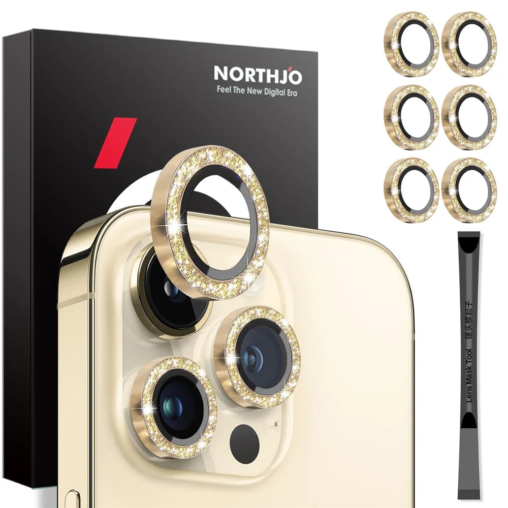 NORTHJO 2 Sets for iPhone 15 Pro / 15 Pro Max / 14 Pro / 14 Pro Max Lens Protector Glitter Ring Tempered Glass Lens Guard - Gold - 1