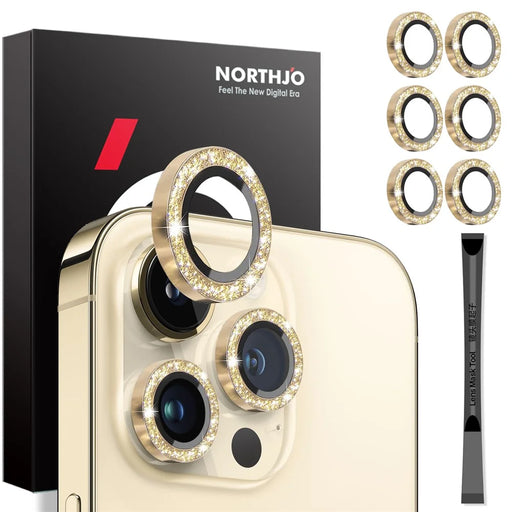 NORTHJO 2 Sets for iPhone 15 Pro / 15 Pro Max / 14 Pro / 14 Pro Max Lens Protector Glitter Ring Tempered Glass Lens Guard - Gold - 1