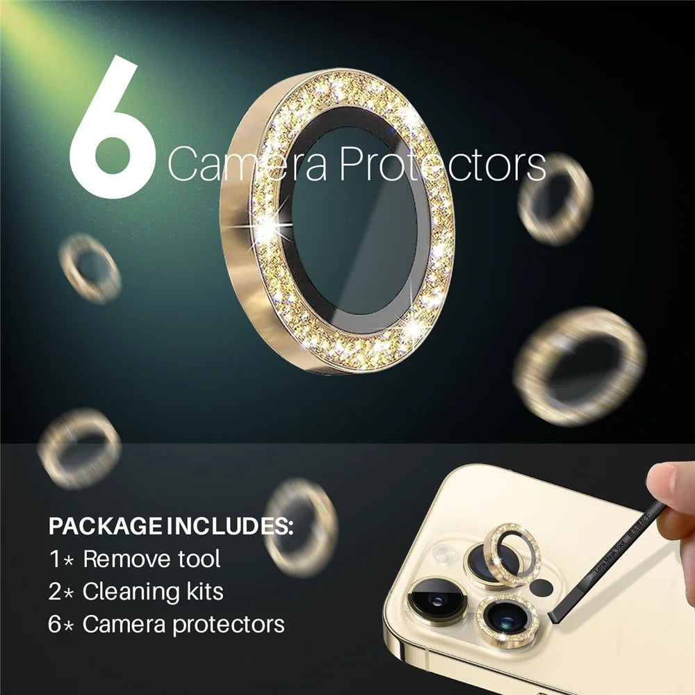 NORTHJO 2 Sets for iPhone 15 Pro / 15 Pro Max / 14 Pro / 14 Pro Max Lens Protector Glitter Ring Tempered Glass Lens Guard - Gold - 3