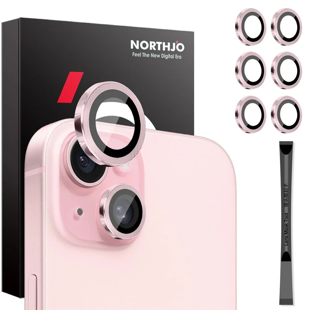 NORTHJO 3 Sets for iPhone 15 / 15 Plus / 14 / 14 Plus Tempered Glass Lens Protector CD Veins Metal Ring Lens Film - Pink - 1