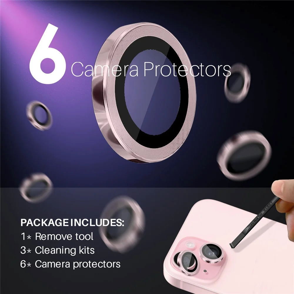 NORTHJO 3 Sets for iPhone 15 / 15 Plus / 14 / 14 Plus Tempered Glass Lens Protector CD Veins Metal Ring Lens Film - Pink - 3