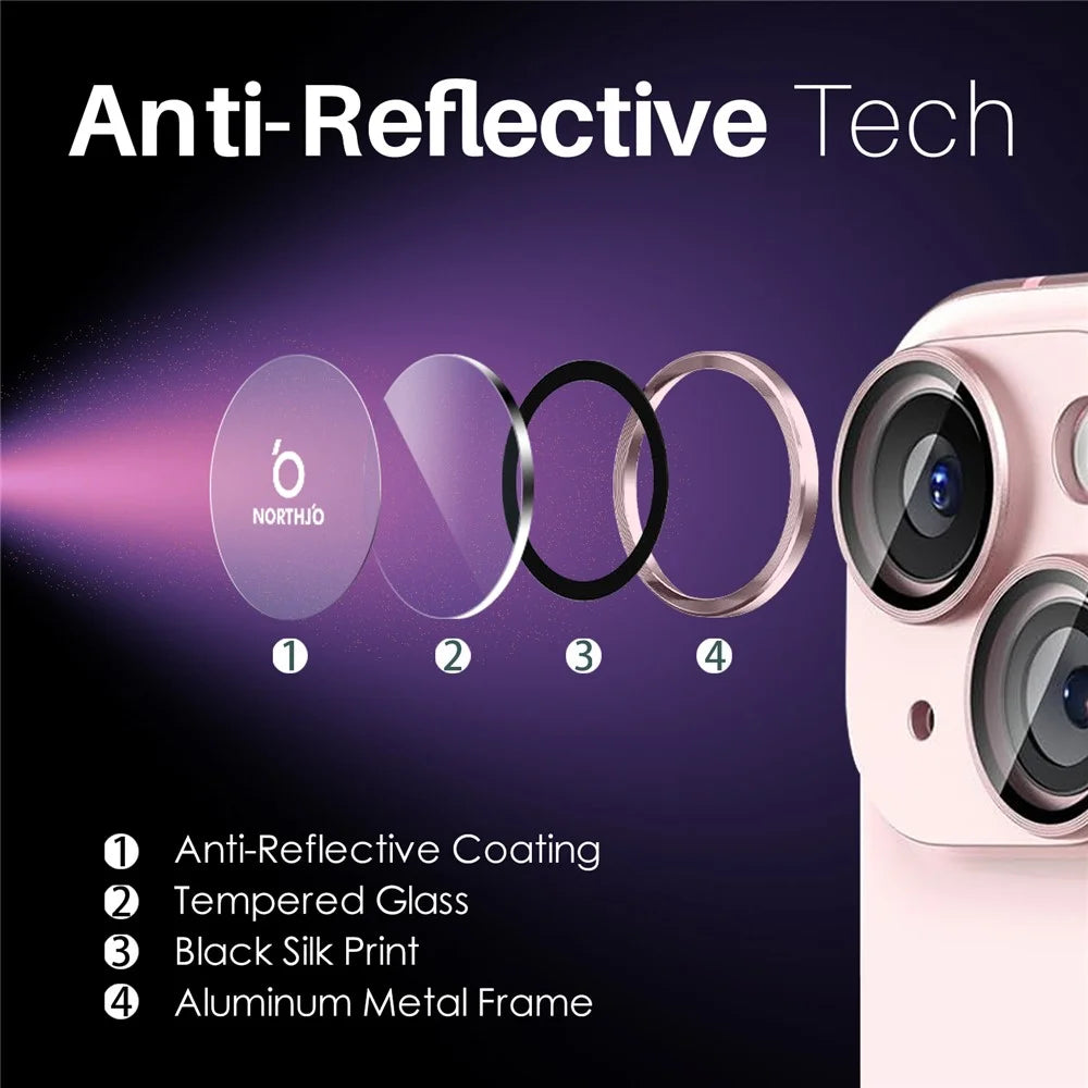 NORTHJO 3 Sets for iPhone 15 / 15 Plus / 14 / 14 Plus Tempered Glass Lens Protector CD Veins Metal Ring Lens Film - Pink - 4