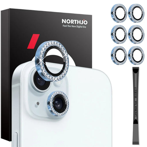 NORTHJO 3 Sets for iPhone 15 / 15 Plus / 14 / 14 Plus Lens Protector Rhinestone Decor Metal+Tempered Glass Lens Film - Blue - 1