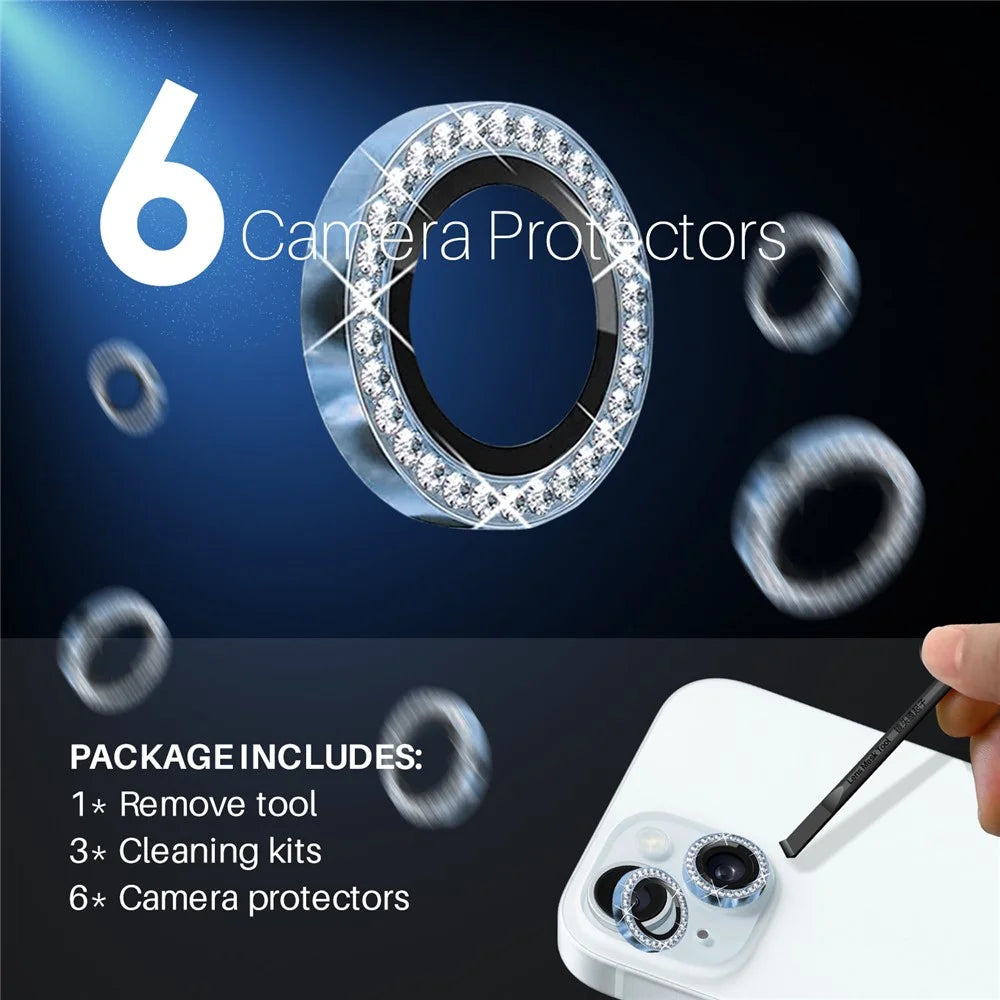 NORTHJO 3 Sets for iPhone 15 / 15 Plus / 14 / 14 Plus Lens Protector Rhinestone Decor Metal+Tempered Glass Lens Film - Blue - 3