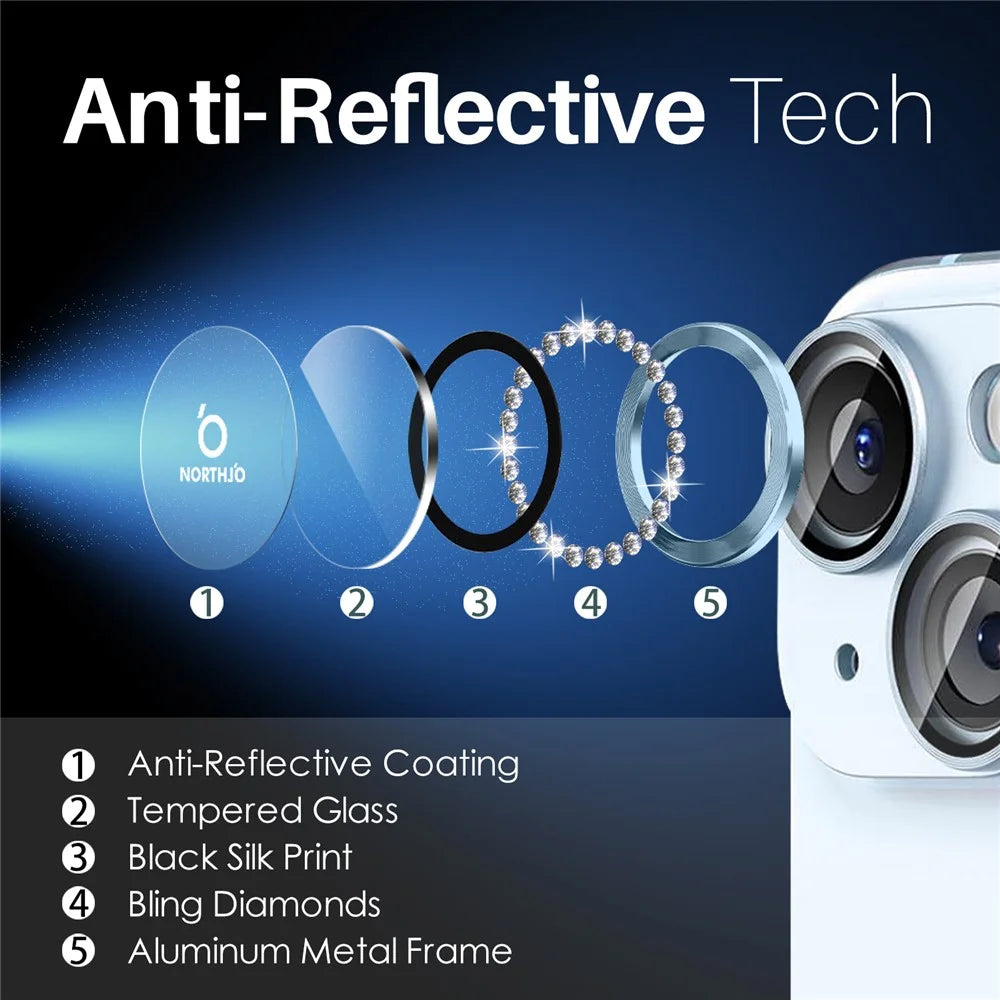 NORTHJO 3 Sets for iPhone 15 / 15 Plus / 14 / 14 Plus Lens Protector Rhinestone Decor Metal+Tempered Glass Lens Film - Blue - 4