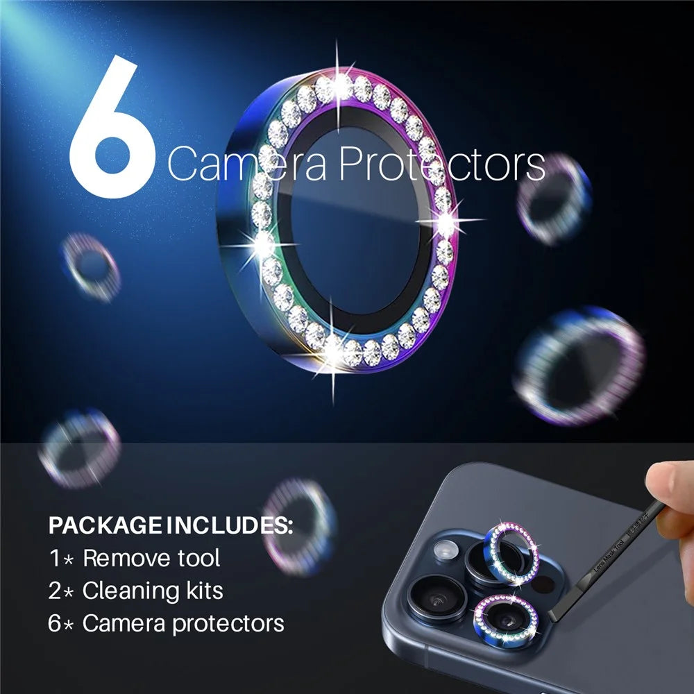 NORTHJO 2 Sets for iPhone 15 Pro / 15 Pro Max / 14 Pro / 14 Pro Max Lens Protector Rhinestone Ring Tempered Glass Lens Film - Colorful - 3