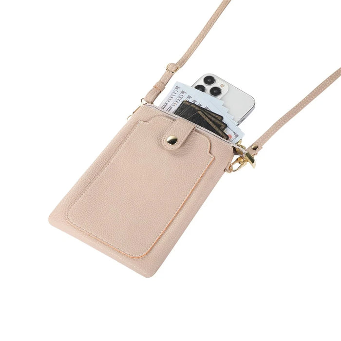 Litchi Texture Zipper Mobile Phone Bag Universal Dual Layer Cell Phone Pouch with Adjustable Shoulder Strap - Apricot - 3