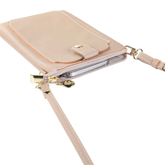 Litchi Texture Zipper Mobile Phone Bag Universal Dual Layer Cell Phone Pouch with Adjustable Shoulder Strap - Apricot - 4